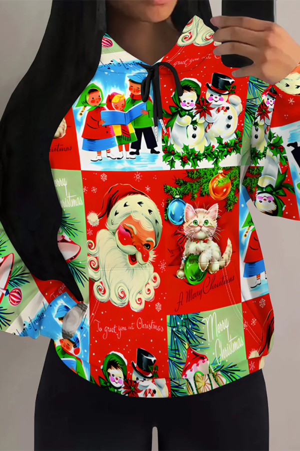 Red Casual Party Wapiti Santa Claus Print Candy Draw String Pocket Hooded Tops