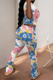 White Blue Casual Flowers Print Contrast O Neck Sleeveless Two Pieces