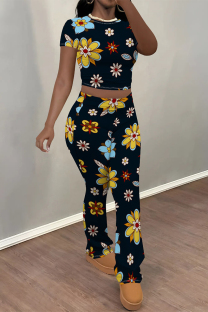 Black Casual Flowers Print Contrast O Neck Sleeveless Two Pieces