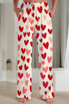 Burgundy Casual Print Pocket Patchwork Loose Mid Waist Conventional Full Print Bottoms