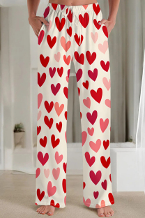 Burgundy Casual Print Pocket Patchwork Loose Mid Waist Conventional Full Print Bottoms