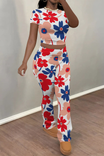White Red Casual Flowers Print Contrast O Neck Sleeveless Two Pieces