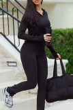 Black Casual Solid Color Patchwork Zipper Zipper Collar Long Sleeve Two Pieces