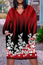 Red Casual Daily National Totem Floral Print Pocket Contrast V Neck Printed Plus Size Dresses