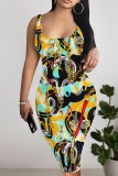 Green Casual Print Basic U Neck Vest Dresses