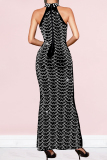 Black Elegant Solid Color Patchwork Hot Drill Zipper O Neck Long Dresses