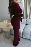 Burgundy Sexy Elegant Solid Color Patchwork Hot Drill V Neck Bodycon Jumpsuits