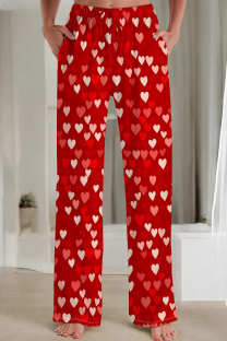 Deep Red Casual Print Pocket Patchwork Loose Mid Waist Conventional Full Print Bottoms