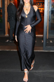 Black Elegant Solid Color Hollow Out Patchwork Deep V Neck Long Dresses