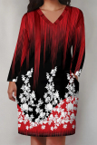 Khaki Casual Daily National Totem Floral Print Pocket Contrast V Neck Printed Plus Size Dresses