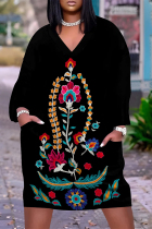 Black Casual Daily National Totem Floral Print Pocket Contrast V Neck Printed Plus Size Dresses
