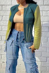 Green Casual Patchwork Zipper Contrast Zipper Collar Outerwear