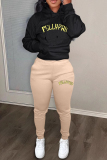 Black Green Casual Letters Draw String Pocket Patchwork Hooded Long Sleeve Two Pieces