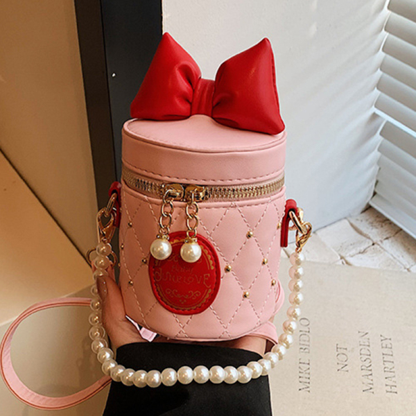 Pink Casual Daily Bow Patchwork Pearls Decor Zipper Bags