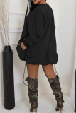 Black Casual Solid Color Draw String Patchwork O Neck Straight Dresses
