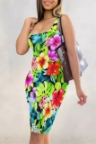 Green Casual Print Basic U Neck Vest Dresses