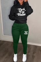 Black Green Casual Letters Pocket Patchwork Hooded Long Sleeve Two Pieces
