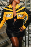 Yellow Casual Letters Patchwork Zipper Contrast Zipper Collar Outerwear