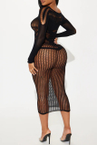 Black Sexy Solid Color Hollow Out Patchwork See-Through Lingerie