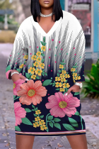 White Casual Daily National Totem Floral Print Pocket Contrast V Neck Printed Plus Size Dresses