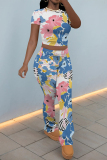 White Blue Casual Flowers Print Contrast O Neck Sleeveless Two Pieces