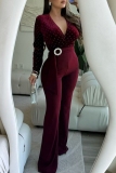 Burgundy Sexy Elegant Solid Color Patchwork Hot Drill V Neck Bodycon Jumpsuits