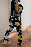 White Blue Casual Flowers Print Contrast O Neck Sleeveless Two Pieces