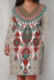Khaki Casual Daily National Totem Floral Print Pocket Contrast V Neck Printed Plus Size Dresses