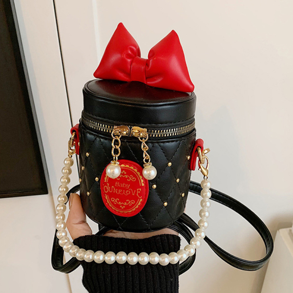 Black Casual Daily Bow Patchwork Pearls Decor Zipper Bags