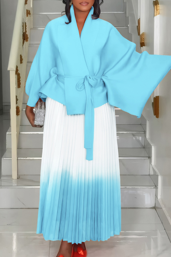 Lake Blue Casual Gradient Patchwork Strap Design Cardigan Collar Long Sleeve Two Pieces