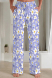 Cyan Casual Print Patchwork Loose Mid Waist Straight Full Print Bottoms