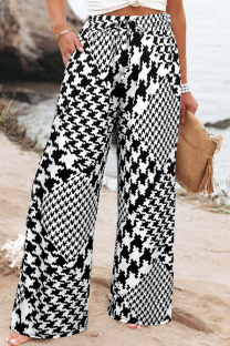 Black And White Casual Print Pocket Patchwork Plus Size 
