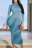 Silver Gray Elegant Gradient Print Contrast Half A Turtleneck One Step Skirt Dresses