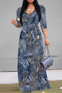 Blue Gray Casual Faux Denim Print Lace Up Contrast V Neck Printed Dresses