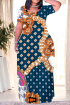Navy Blue Casual Flowers Splashed ink Chain print Contrast O Neck Printed Plus Size Dresses