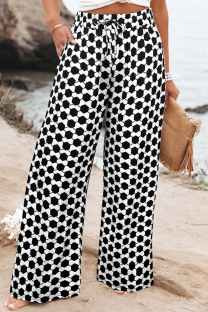 Black And White Casual Print Draw String Pocket Patchwork Plus Size 