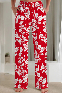 Red Casual Print Patchwork Loose Mid Waist Straight Full Print Bottoms