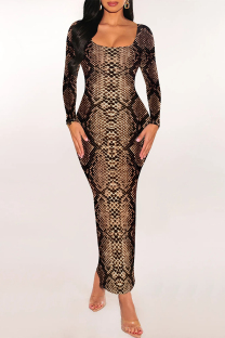 Brown Sexy Snakeskin Print Gradient Contrast U Neck One Step Skirt Dresses
