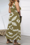 Deep Coffee Casual Floral Print Pocket Contrast V Neck Loose Jumpsuits