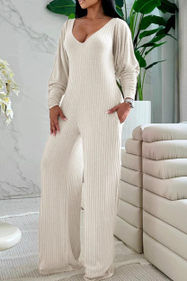 Apricot Casual Solid Color Patchwork V Neck Long Sleeve Two Pieces
