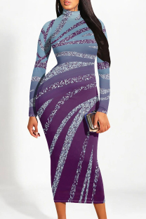 Purple Elegant Gradient Print Contrast Half A Turtleneck One Step Skirt Dresses