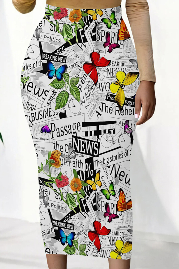 White Casual Butterfly Newspaper printing Contrast Regular High Waist Full Print Bottoms