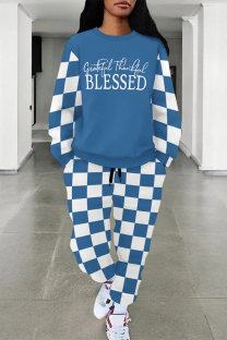 Blue Casual Street Plaid Letter Print Draw String Pocket Contrast O Neck Two Pieces