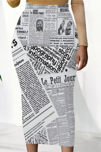 Gray White Casual Butterfly Newspaper printing Contrast Regular High Waist Full Print Bottoms