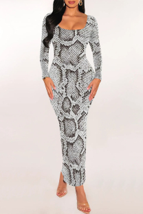 White Sexy Snakeskin Print Gradient Contrast U Neck One Step Skirt Dresses