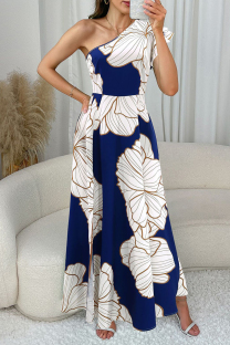 White Elegant Print Patchwork Backless Oblique Collar Long Dresses