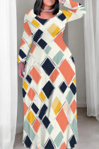 Multicolor Casual Print Patchwork O Neck Long Plus Size Dresses