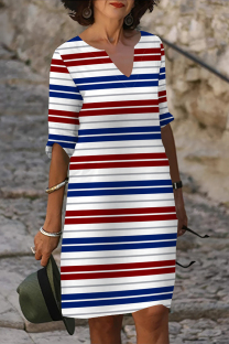 Red Blue Casual Striped Print Gradient V Neck Printed Dresses