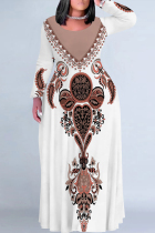 White Brown Casual Street Floral Print Contrast O Neck Printed Plus Size Dresses
