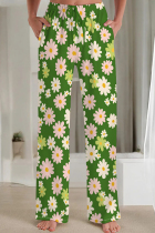 Green Casual Print Patchwork Loose Mid Waist Straight Full Print Bottoms